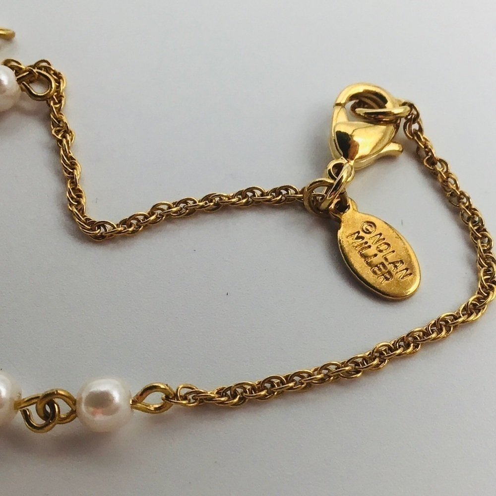 Nolan MILLER Set Pendant Necklace Earrings Gold Tone Long FauxPearl Rhinestone - Picture 6 of 10